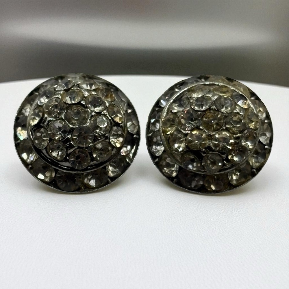 Icy Clear‎ Rhinestone Earrings Silver Tone Clip On Round Button Sparkly Vintage